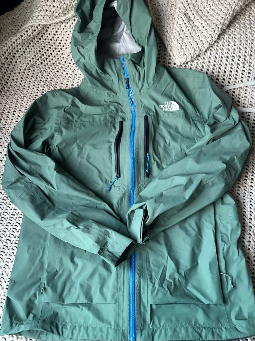 The North Face Men’s Waterproof Hooded Rain Jacket — Sage Green with Blue Zipper